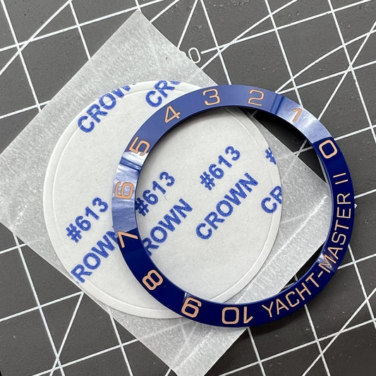 38mm rose gold Yacht Master bezel ring with ceramic blue slope design for watch accessories.