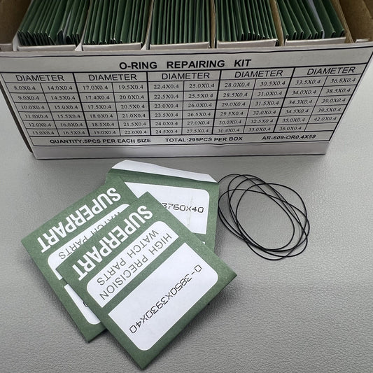 Assorted 295-piece 0.4mm waterproof O ring kit for watch back gaskets, 59 sizes included for repairs.