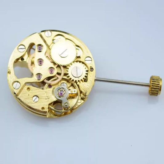 Hollow golden mechanical watch movement part, 17.2mm, ideal for practice or cufflinks, China made.