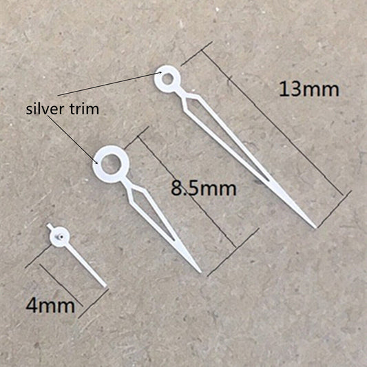 Silver 13mm hollow arrow watch hands with trim for Miyota 1L45 quartz movement, stylish timepiece upgrade.