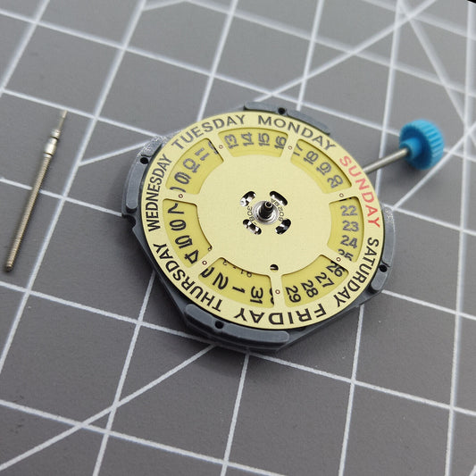 Japan-made Miyota 6M50 quartz watch movement with gold dial, date at 3, perfect for watch accessories by Miyota.