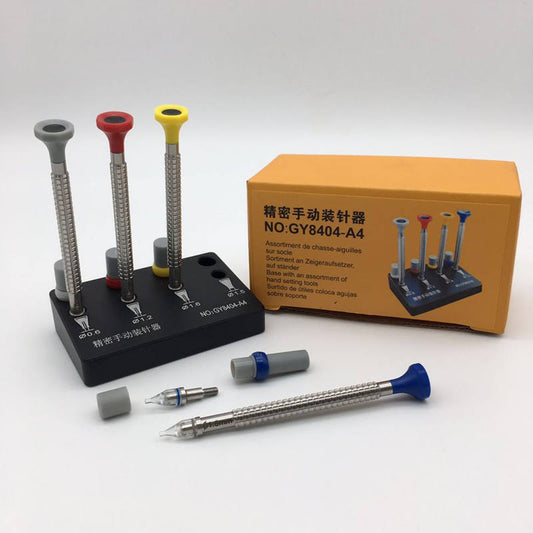 8404 watch hand install tool set with replaceable tips for precise watch accessory repairs.