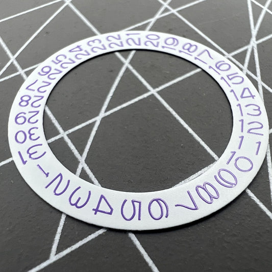 Light purple character disk date wheel for NH35 NH36 watches on white background