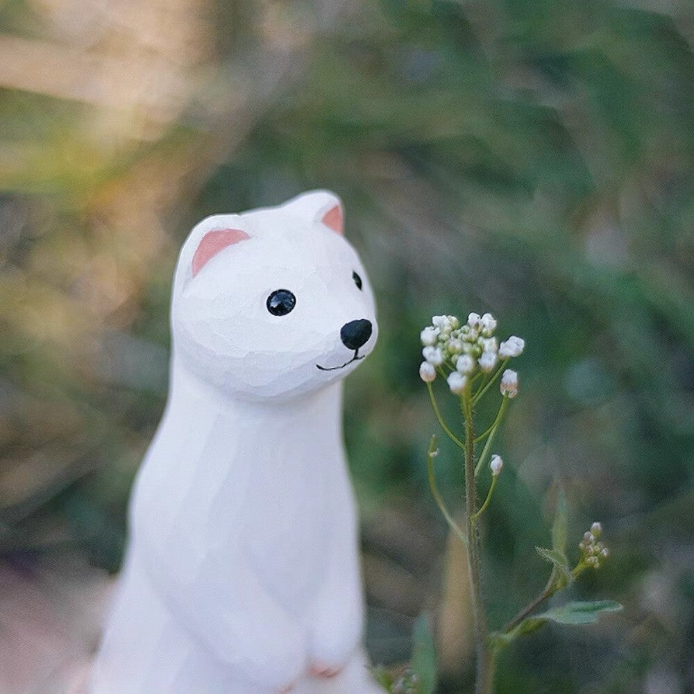 Handmade Lingweasel white weasel wooden sculpture, detailed decorative collectible for watch accessory display.