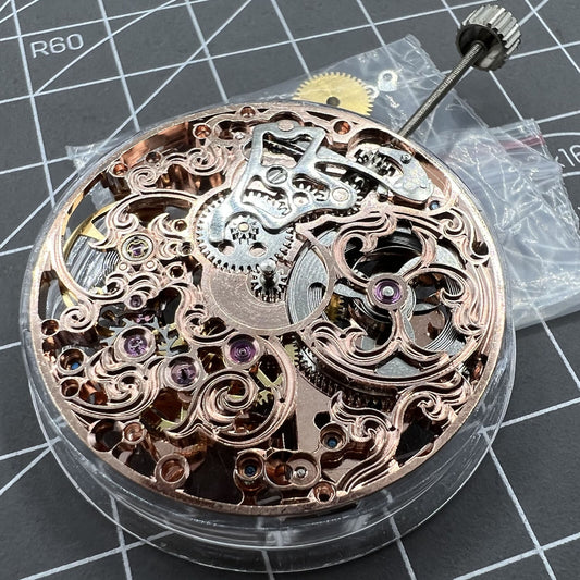 Seagull ST3600 6497 carved hollow watch movement showcasing manual winding craftsmanship.