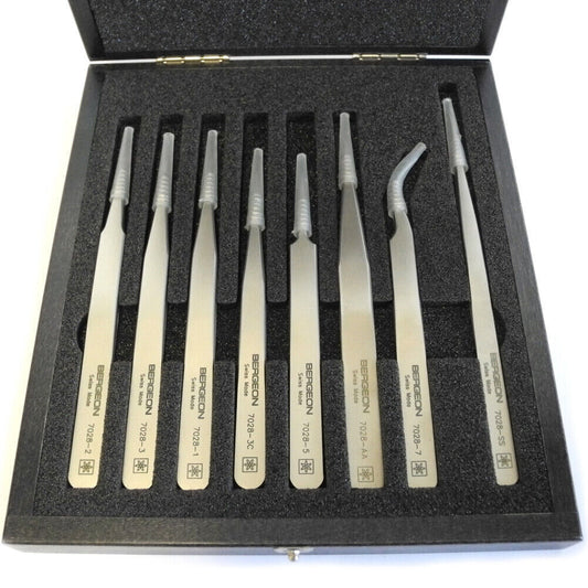 Bergeon 7028 set of 8 precision superalloy tweezers for watchmaking and repair tasks