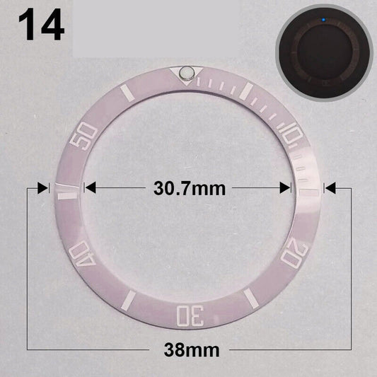 38mm ceramic pink ring bezel with silver font and green luminous details for watch repair.