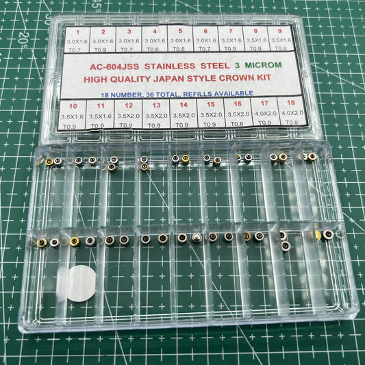 Stainless steel watch crown assortment kit with 36 high-quality pieces, Japan style for precise repairs.