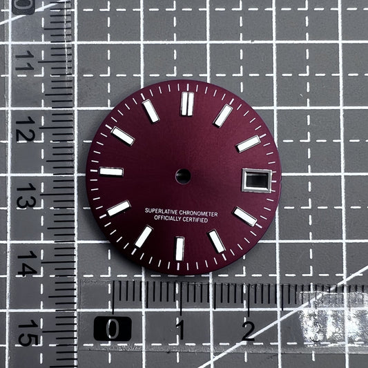 Polished metal red and green luminous watch dial for NH35 movement, enhancing visibility.