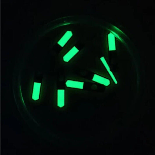 Green luminous watch hands with silver trim for NH35 NH36 7S26 7S36 4R35 movements, perfect for replacements.