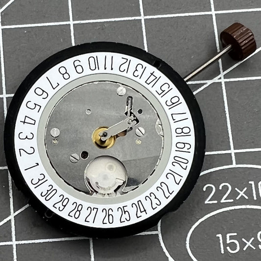 H2 Ronda 515 Quartz watch movement with date display at 6 o'clock, featuring high canon pinion for precise timekeeping.