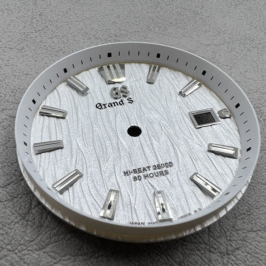 White GS 33.3mm watch dial with no lume, modified waved design for NH35 movement by GS.