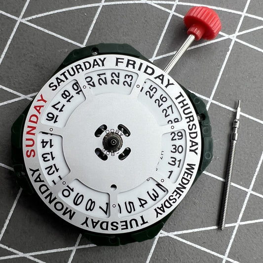 Miyota 2350 quartz movement with 3 hands, day-date function, and integrated watch stem for precise timekeeping.