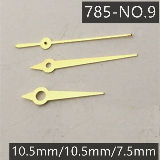 Golden watch hands for Ronda 785 3 hands quartz movement, precise fit for watch repair and customization.