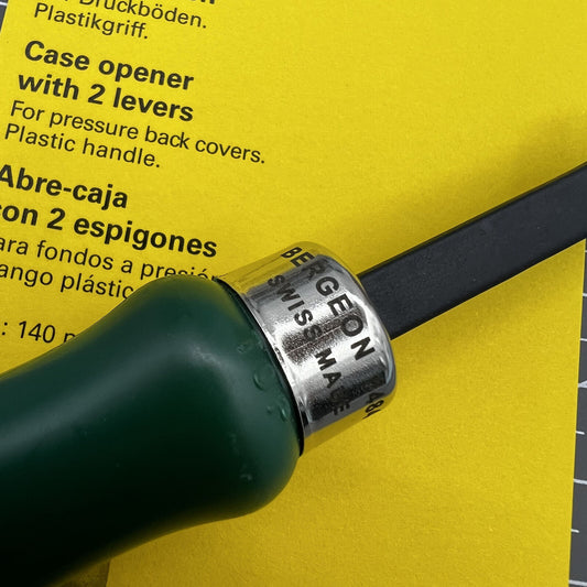Swiss Bergeon 6484 two-lever watch case back opener tool for precise watch repair and battery replacement.