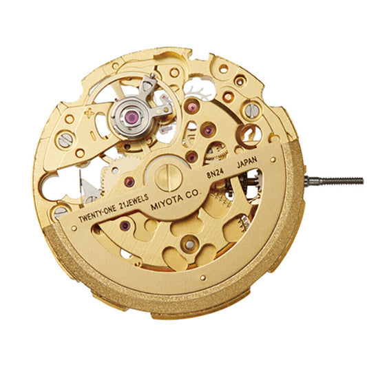 Miyota 8N24 golden automatic mechanical watch movement showcasing precision Japanese craftsmanship.