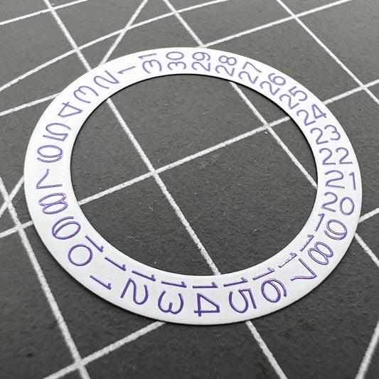 Light purple character disk date wheel for Miyota NH35 NH36 watches with white background.