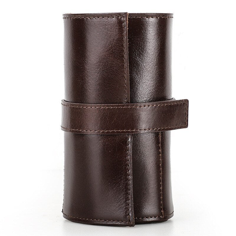 Handmade leather watch box with 6 slots, portable roll pouch for men, perfect for travel and storage.