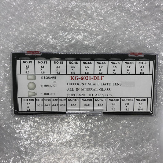 KG-6021-DLF mineral glass date lenses in various shapes, 3 sizes, 60PCS/box for watch accessories.