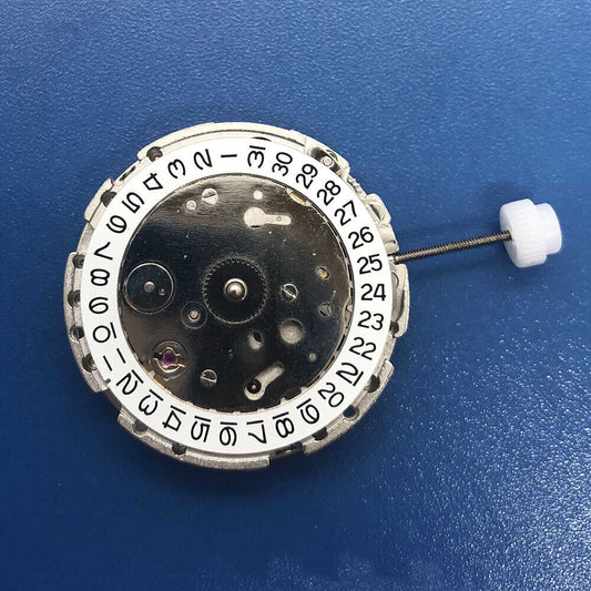 DG2813 automatic watch movement with dual large hands, small second hand at 6 o?clock, and date window at 3, silver finish.