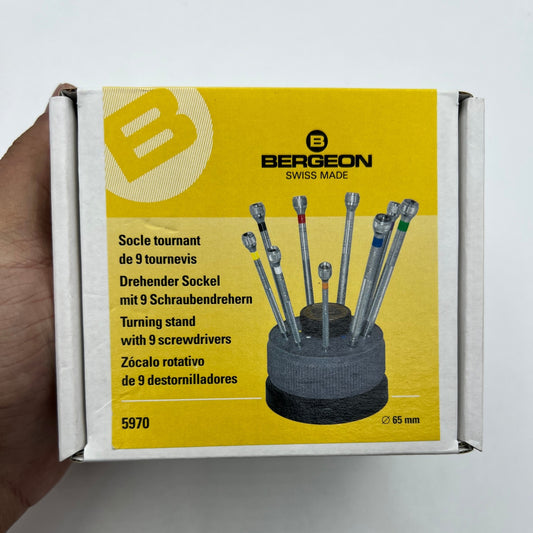 Bergeon 5970 rotating tool set with 9 precision screwdrivers for watch repair, Swiss made quality.