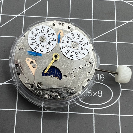 Shanghai 7751 moon phase watch movement showcasing automatic mechanical functionality and precise timekeeping.