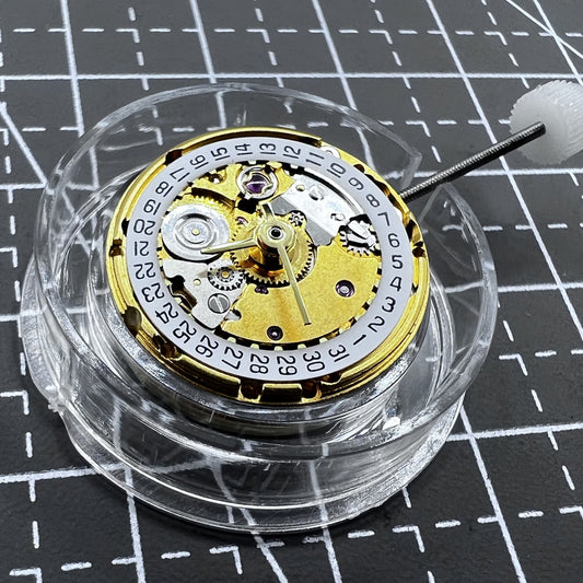 Golden watch movement with date at 3 o'clock, ETA2671 replacement for precision repairs