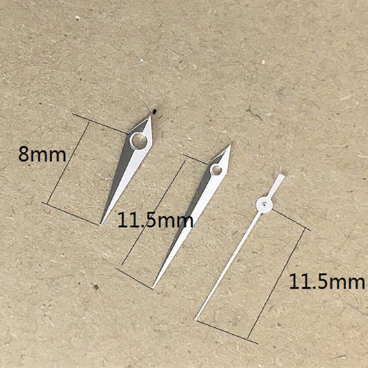 Arrow-shaped silver watch hands, 11.5mm, compatible with Miyota 1M12 Japan quartz movement.