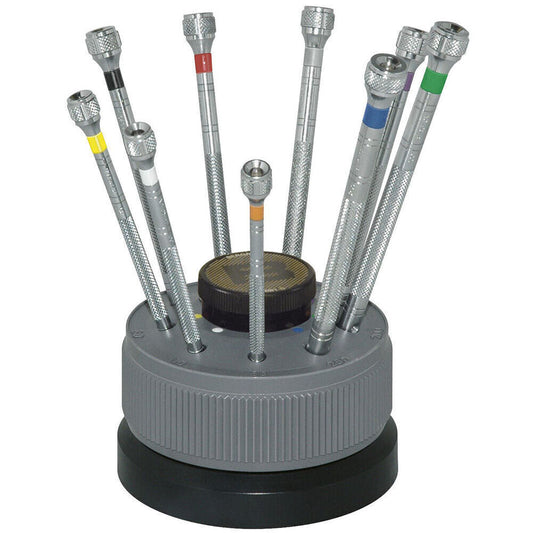 Bergeon 5970 Swiss Made rotating case with 9 precision screwdrivers for watch repair.