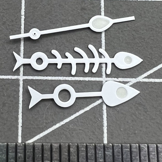Matted white trim fish bone watch hands with green lume for NH35 NH36 movements.