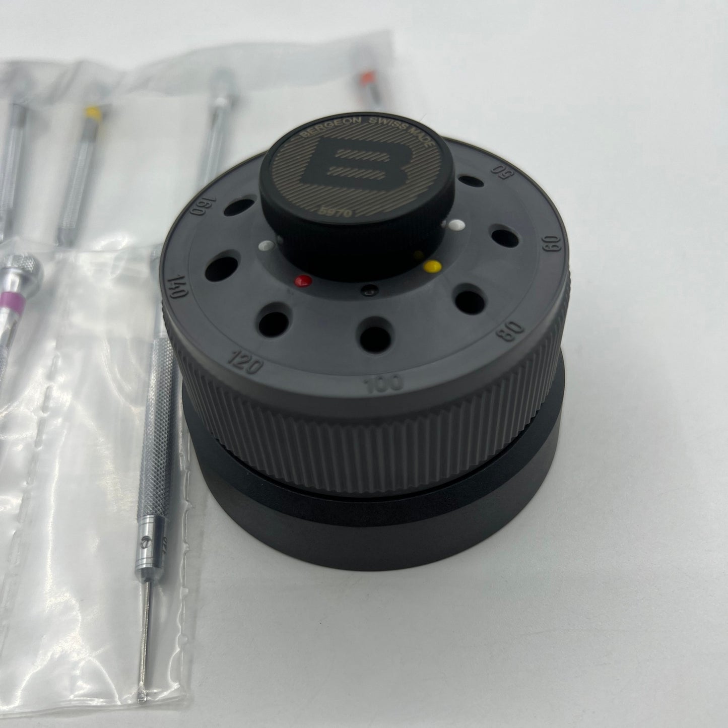 Bergeon 5970 rotating tool set with 9 precision screwdrivers for detailed watch repair, Swiss craftsmanship.