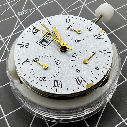 Shanghai 7750 watch movement with single calendar at 12 and small second at 3, automatic mechanical precision.