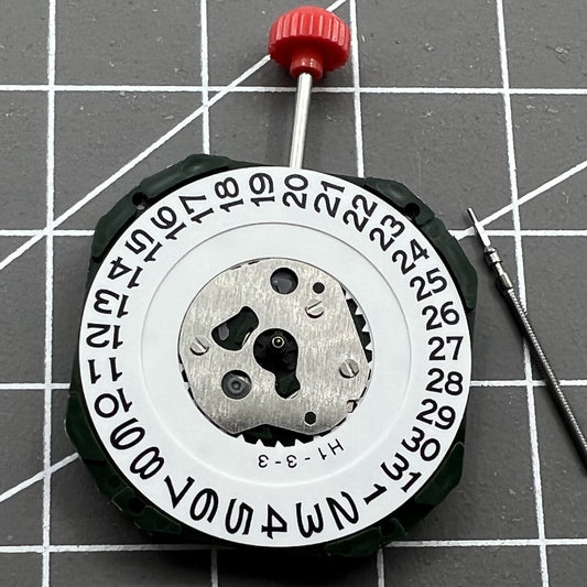 Japan Made Miyota 2315 quartz movement with 3 hands, date at 3, and watch stem for precise timekeeping.