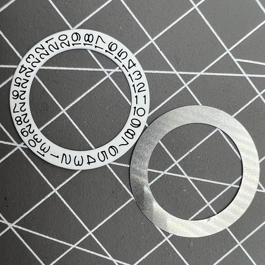 Set of 2 date disk wheels for NH35 NH36 watch movement with date at 3, white background, precise fit.