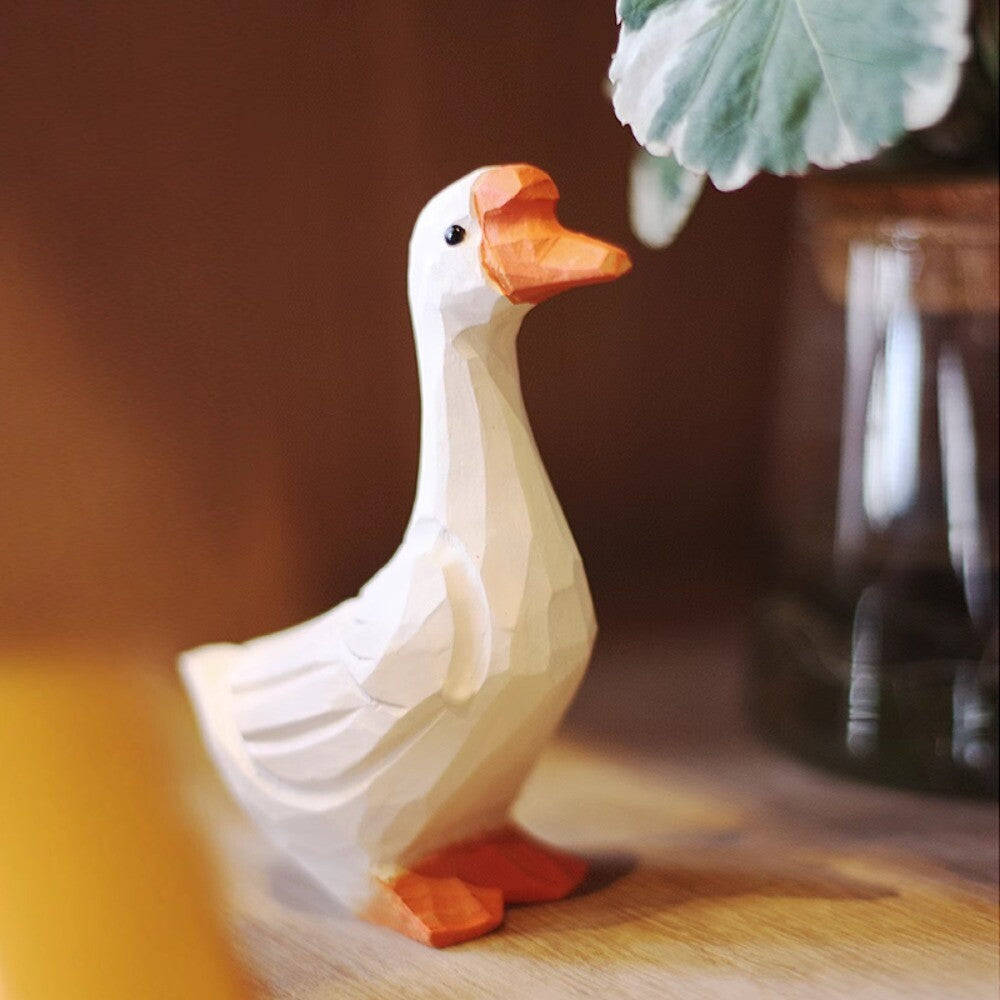 Handmade white goose wooden figurine by New Cute, elegant home decor sculpture for display.