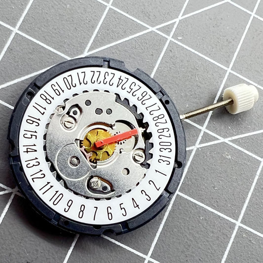 ISA 307 quartz watch movement with date at 6, brand new old stock for precise timekeeping.
