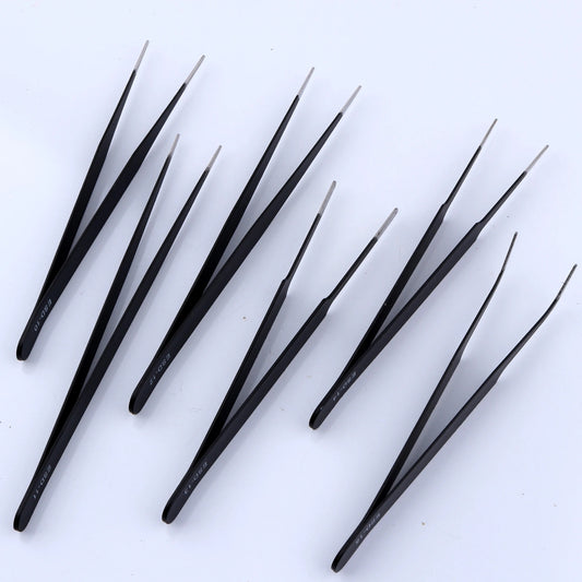 Set of 6 anti-static stainless steel black plating tweezers in PVC bag for watch and jewelry repair.