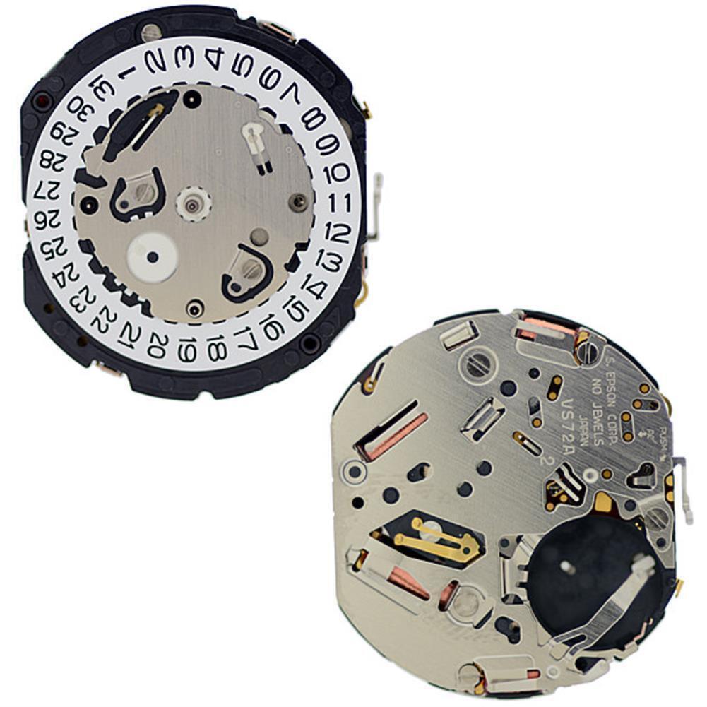 Hattori Epson VS72A solar-powered quartz watch movement, Japan-made for accurate and reliable timekeeping.