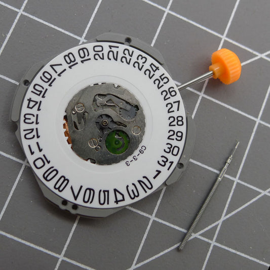 Miyota Quartz Movement 1S12 with 3 hands and date at 3 o'clock, watch stem included for precise timekeeping.