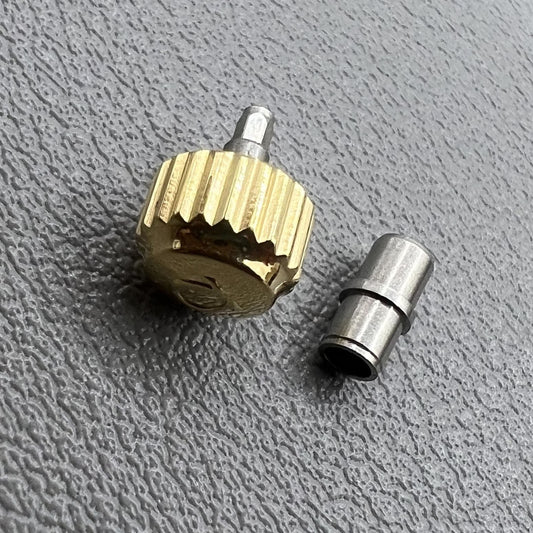 Gold 6.0mm watch crown with tube for OMEGA Seamaster 300, perfect replacement accessory.