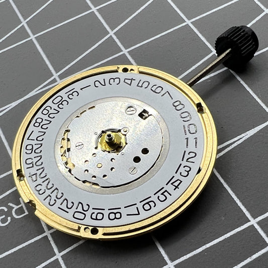 ETA F05.111 Swiss quartz watch movement displaying 3 hands and date at 3 o'clock, precision timekeeping by ETA.