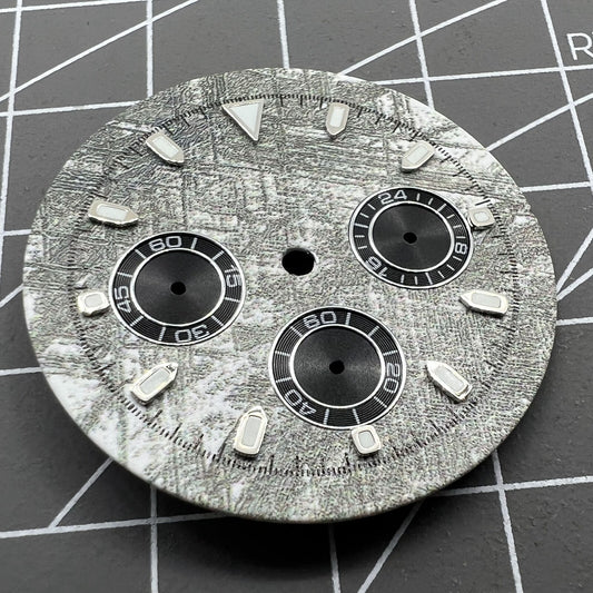 Green Lume 32.5mm Grey Rock Style Matted Watch Dial for VK63 Quartz Movement, rugged design.