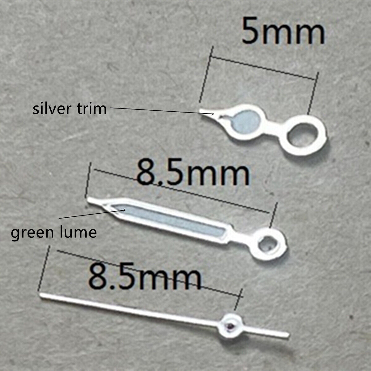 Aiguilles de montre 8,5 mm avec garniture argentée et verte pour mouvement Miyota 1M12