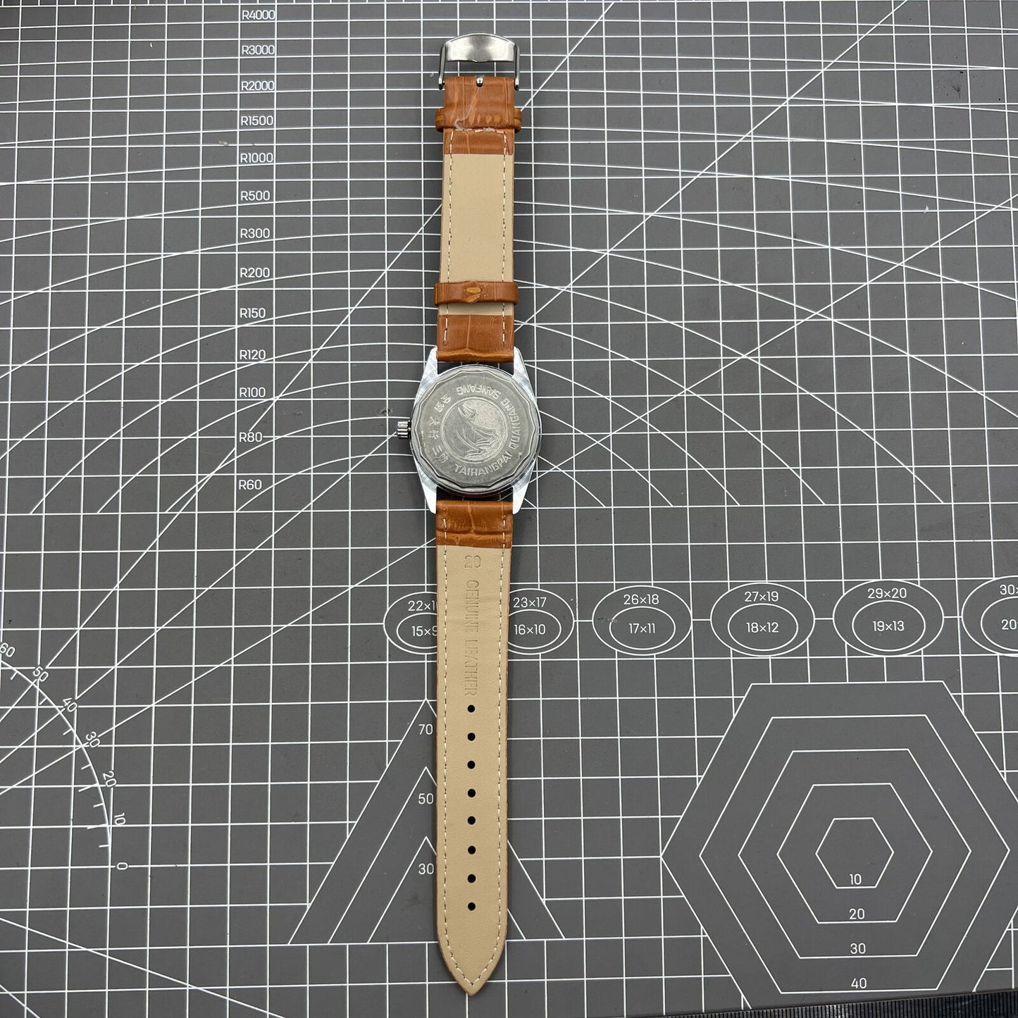 TAIHANG 38mm mechanical watch with silver dial, gold markers, round case, and 17-jewel movement.