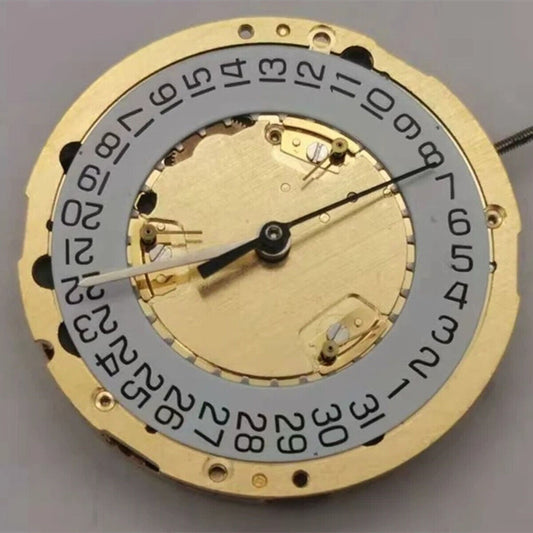 ETA 251.272 Swiss Made golden quartz watch movement with 3 hands and date display at 4 o'clock.