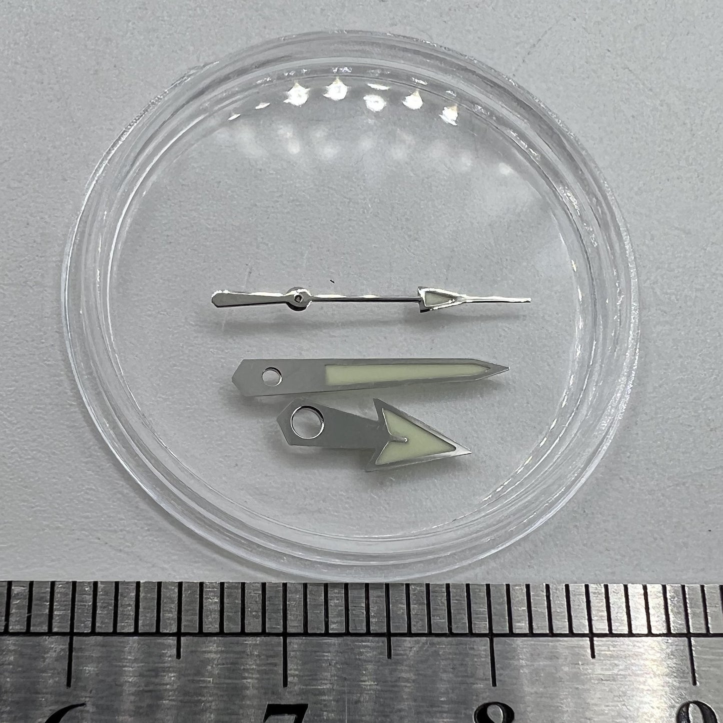 Green lume arrow watch hands with silver trim, 12mm, for Miyota NH35/NH36/NH38 movements.