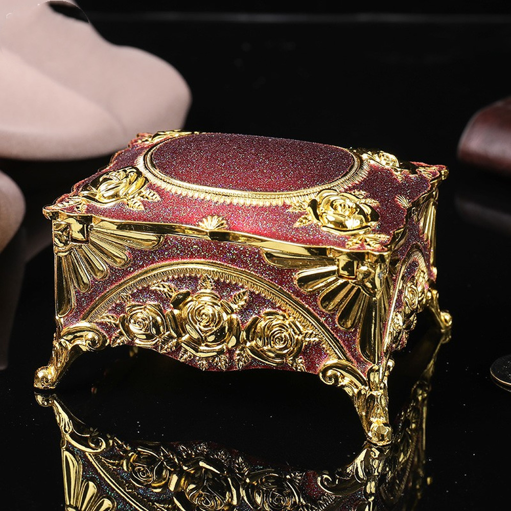 Retro Rose green and red rectangular jewelry box featuring vintage floral design for trinket storage.