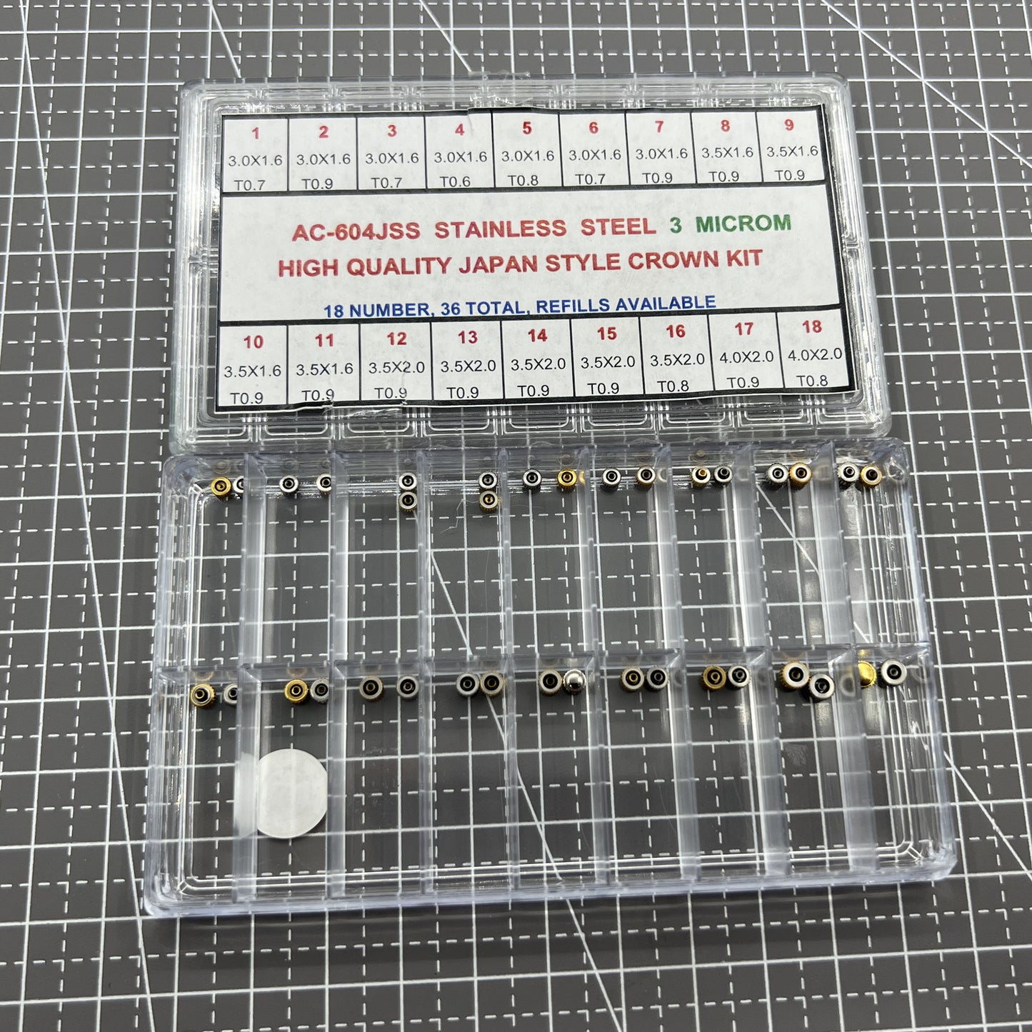 Set of 36 stainless steel watch crowns by Japan Style, ideal for high-quality watch repairs and replacements.