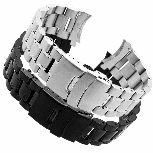 Curved end stainless steel watch band 18-24mm with double lock buckle for secure fit