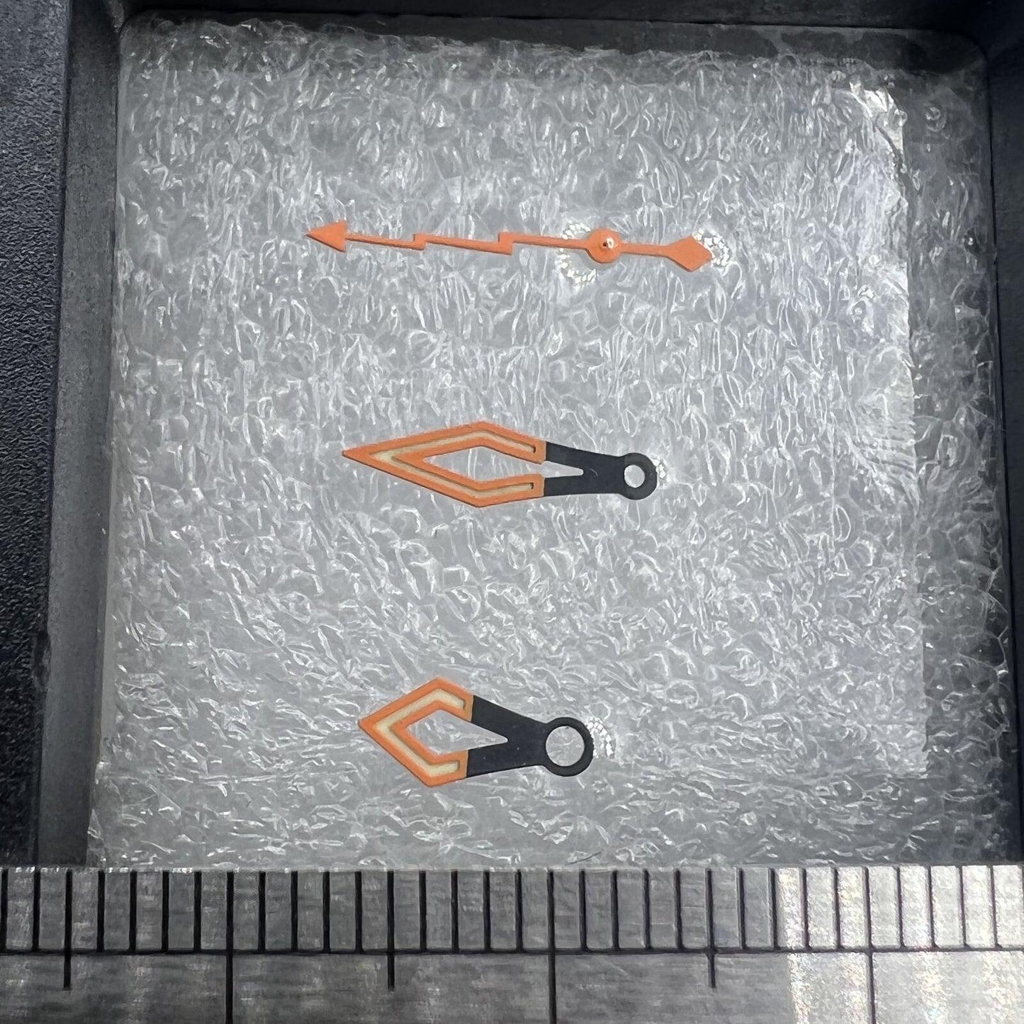 Black and orange butterfly watch hands with C3 green lume, compatible with NH35/36/4R movements, ideal for stylish watch upgrades.